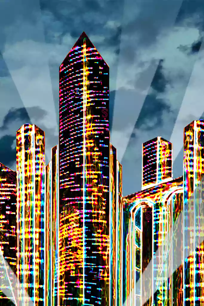 Metropolis futuristic skyline print textile minted as NFT with cityscape and neon lights.